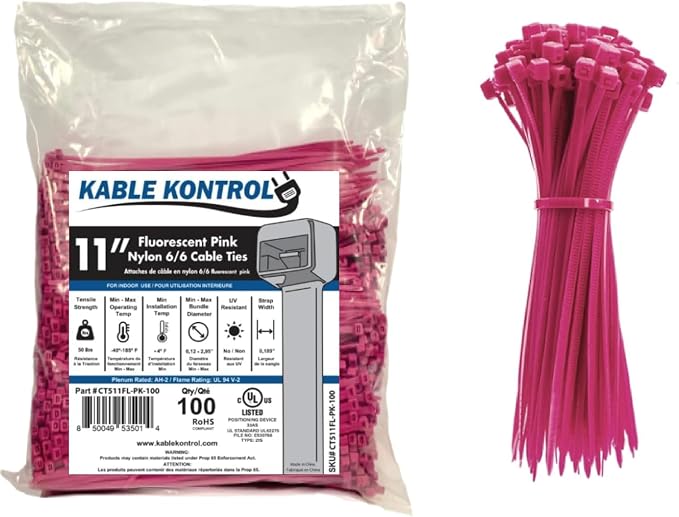 Kable Kontrol Fluorescent Pink Zip Ties 11 Inch 100 Pcs, 50 Lbs Tensile Strength, Self-locking Nylon Colored Cable Ties Wire Wraps for Indoor or Outdoor Use… | Nylon Plastic, Self Locking, UL Listed, Indoor Use