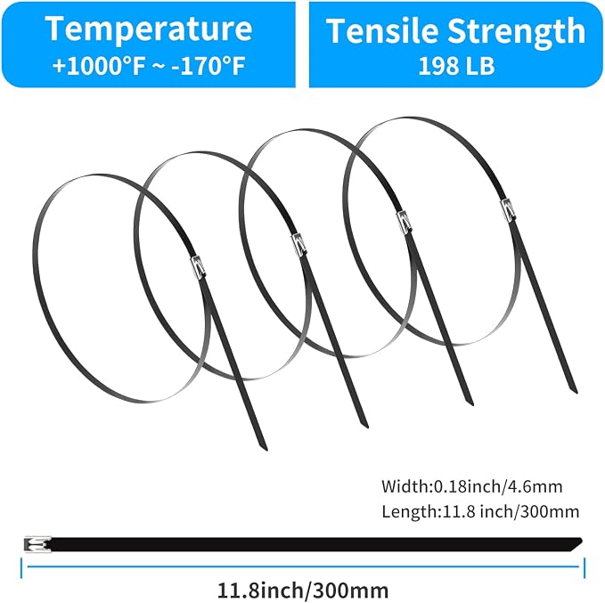 XINGO 18 inch Metal Long Zip Ties Heavy Duty 100 Pack, 304 Stainless Steel Zip Ties, 300lbs Tensile Strength, Multi-Purpose Self-Locking Cable Ties for Exhaust Wrap, Outdoor and Canopy Etc