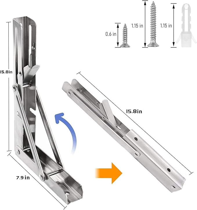 Folding Shelf Brackets Stainless Steel 16 inch 2 Pcs Max Load: 350 lb - Heavy Duty DIY Wall Mounted Collapsible Shelf Bracket, Space Saving for Garage Workstation, Stuff Supports, Table, Workbench