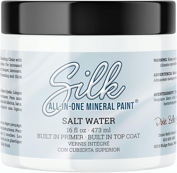 Dixie Belle Silk All-in-One Mineral Paint - Salt Water (16oz) - Off-White Water Based Built-In Primer + Topcoat for Wood + Metal - Durable Furniture Paint - Low Reflective Finish