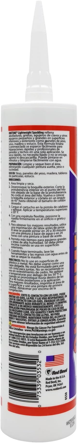 Red Devil 0550 Onetime Lightweight Spackling, 10.1 oz. Cartridge, White, 12 Pack