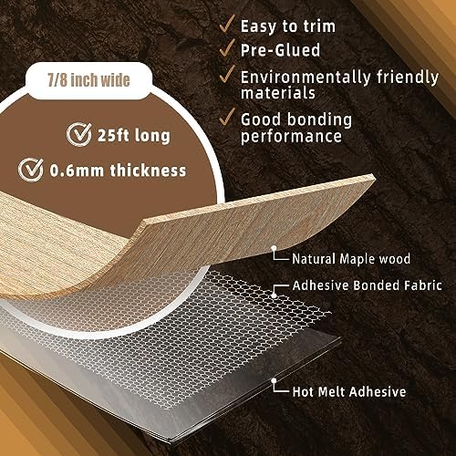 GSCIT Club Maple Edge Banding, 7/8 inch x 25ft Wood Edge Banding Pre-glued Flexible, Veneer Tape Banding for Cabinet Repair Furniture Restoration