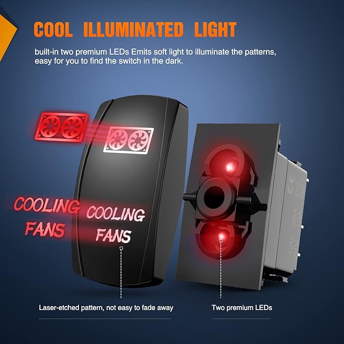 Nilight Cooling Fans Rocker Switch Led Light Bar 5Pin Laser On Off SPST 20A/12V 10A/24V Red with Jumper Wires Set for Cars Trucks RVs