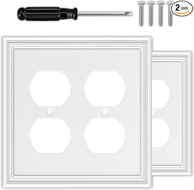 White Decorative Double Outlet Covers Wall Plate, Natural Material Light Switch Plate Outlet Covers - Modern Style (2 Gang Duplex 2 Pack)