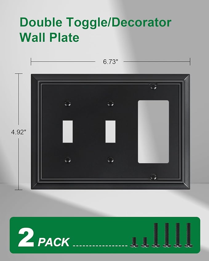 2-Pack Combo Double Toggle/Decorator Outlet Cover Plate, Black Decorative Switch Plates and Outlet Covers, Durable Natural Bamboo Fiber Wall Plates for Electrical Outlets, Receptacle, GFCI Outlet