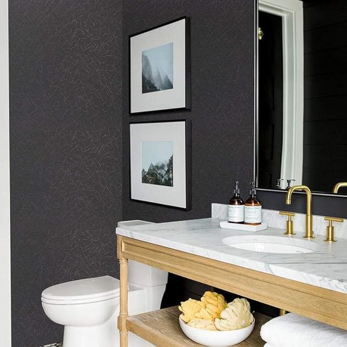 Black Silk Wallpaper Peel and Stick Embossed Self Adhesive Contact Paper 15.7" x 118" Removable Waterproof Kitchen Vinyl Wrap Cabinet Textured Renter Friendly Wall Cover with Scraper, Paper Cutter