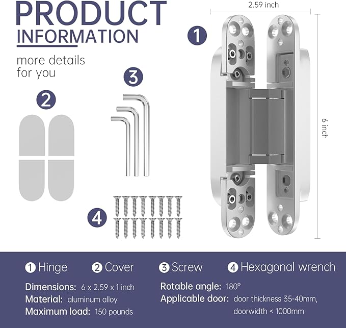 4-Pack 6 inch Hinge for Doors Invisible Hinges Concealed Hinges Zinc Alloy 180 Degree Swing Hinge 3 Way Adjustable Butt Silent Door Hinge 6 x 2.5 x 1 inch (White)