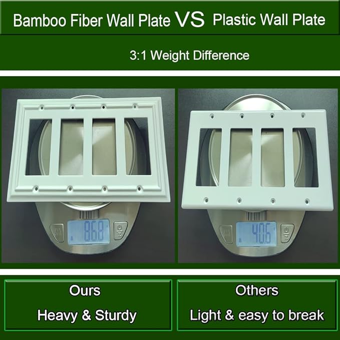 Wall Plates, Outlet Covers, Light Switch Plates, Decorator Light Switch Cover, Bamboo Fiber Material Wall Plate, Standard Size Wall Plates of various styles, White (4 Gang Decorator 1 Pack)