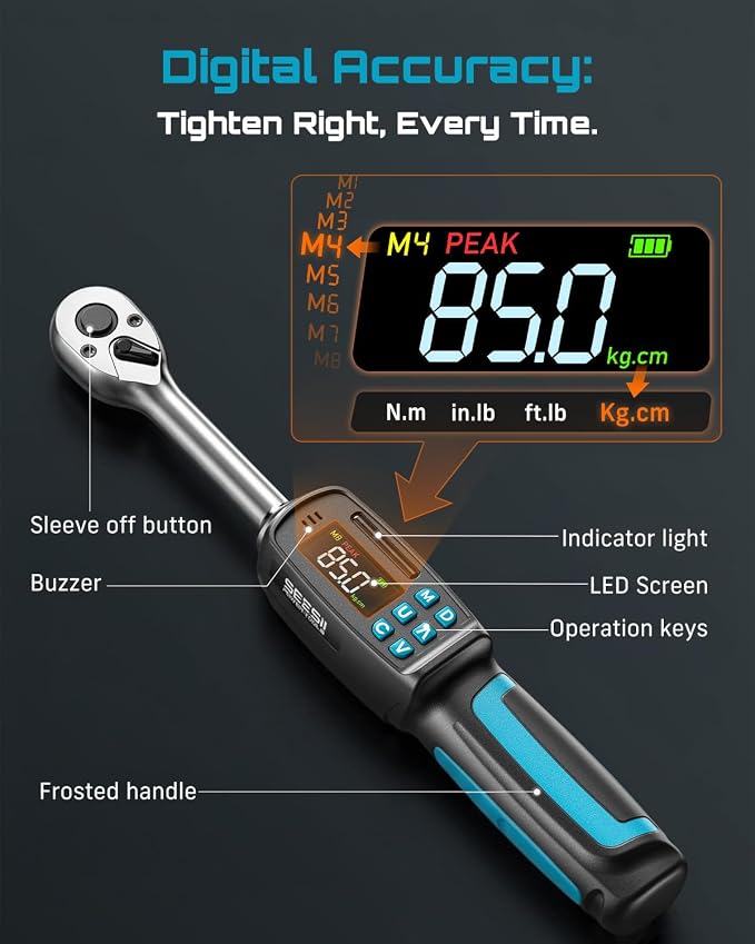 Seesii Digital Torque Wrench 3/8" Drive (2.95-99.6 ft.lbs / 4-135 N.m) | ±2% Accuracy, Buzzer and LED Flash 4 Units Mode with 5"&3" Extension Bar 1/2" Adapter for Auto/Motorcycle/Bicycle Repair