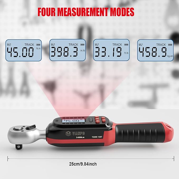VANPO 3/8 Inch Digital Torque Wrench with Preset Values, 2.2-44.3 Ft-lbs/3-60Nm, Buzzer and LED Notification, Small Electronic Torque Wrench for Motorcycles | 3-60Nm, Small Electronic Torque Wrench with Preset Value, Buzzer and LED Notification or Moto...