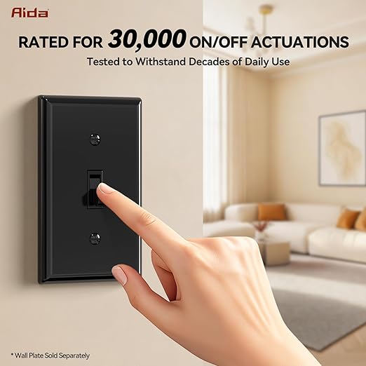 AIDA Single Pole Toggle Light Switch, 15 Amp, 120 Volt, Toggle Framed AC Quiet Switch, in Wall On/Off Switch Replacement, Self-Grounding, Residential and Commercial Grade, UL,Glossy Black