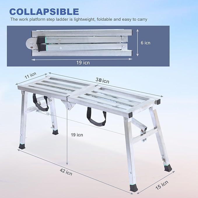 Work Platform Adjustable Height Steel Portable Scaffolding Platform 380 LBS Load Capacity 38''X12 Folding Step Ladder Drywall Painting Stool (38inch)