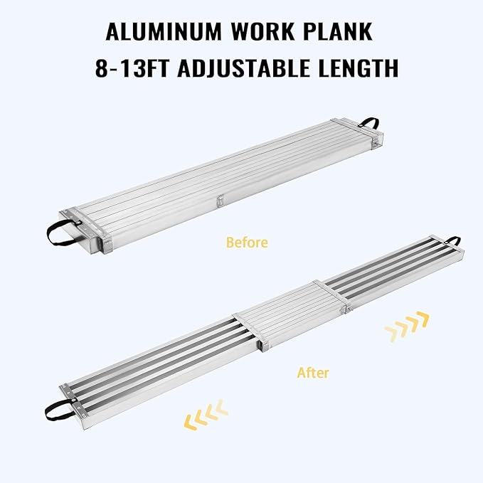GAOMON Telescoping Work Plank, Aluminum Plank, Adjustable Work Platform 440LBS Capacity, Extension Scaffolding Plank with Skid-Proof Platform, Scaffold Ladder Accessory (8FT-13FT - Sliver)
