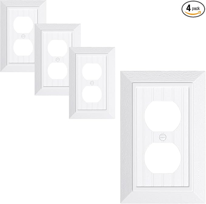 4-Pack Classic Beadboard Duplex Outlet Cover Plate, Decorative Unbreakable Polycarbonate Switch Plates and Outlet Covers, Pure White Wall Plates for Electrical Outlets, 1 Gang Receptacle Cover