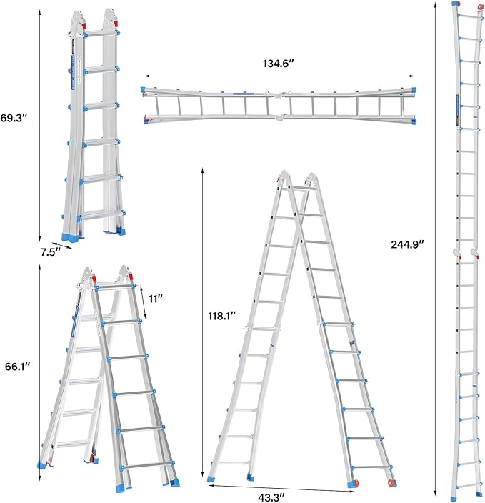 LUISLADDERS Ladder, A Frame Step Ladder Telescoping Ladder, Muti Position Folding Ladder Flared Leg & Wheels Design, 330 lbs Capacity Extension Ladder for Household Outdoor Work (22 FT)