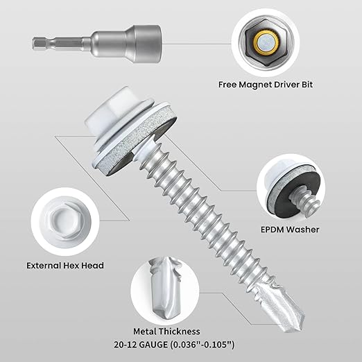 #10 x 1-1/2 in Self-Drilling Metal Roofing Screws,Sheet Metal Roof Screw,EPDM Washer,White Hex Head,with Hex Driver Bit(1LBs,66Pcs)