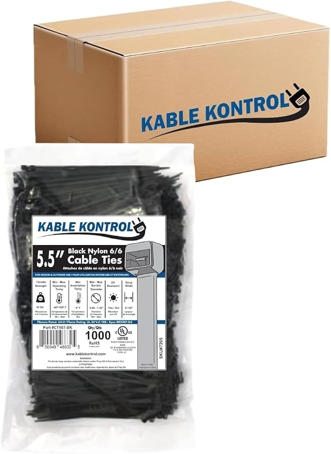 Kable Kontrol Cable Zip Ties, 5.5 Inch, 24000 Pcs, 40lbs Test, Black | Nylon Plastic, UV-Resistant, Self Locking, UL Listed, Indoor & Outdoor Use
