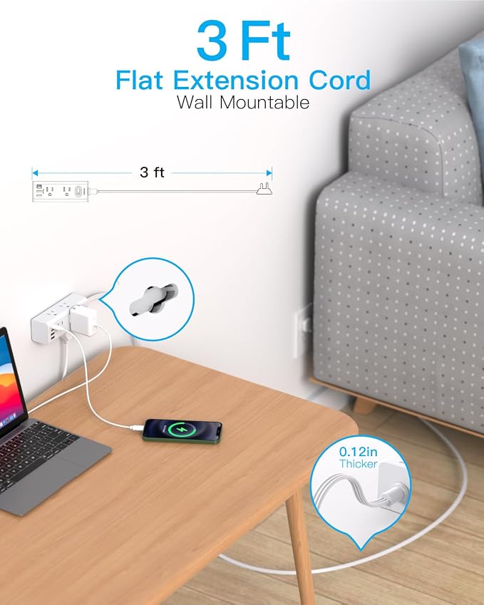 3Ft Extension Cord with Multiple Outlets, Flat Plug Power Strip Surge Protector with 3 Ft Cord, 6 Outlet 4 USB Ports (2 USB C), Multi Outlet Wall Plug for Travel, College, Dorm Room Essentials(White)