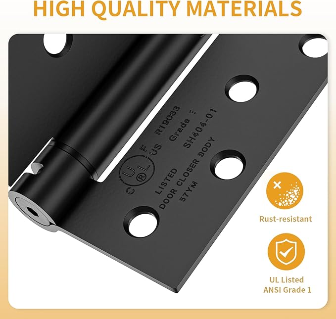 Luxbaro 4 Pack Self Closing Door Hinges 4 Inch, Matte Black Spring Loaded Hinges with Square & 5/8" Radius Corners, Adjustable Tension for Garage, Front Door, for Left and Right Hand Door, UL Listed