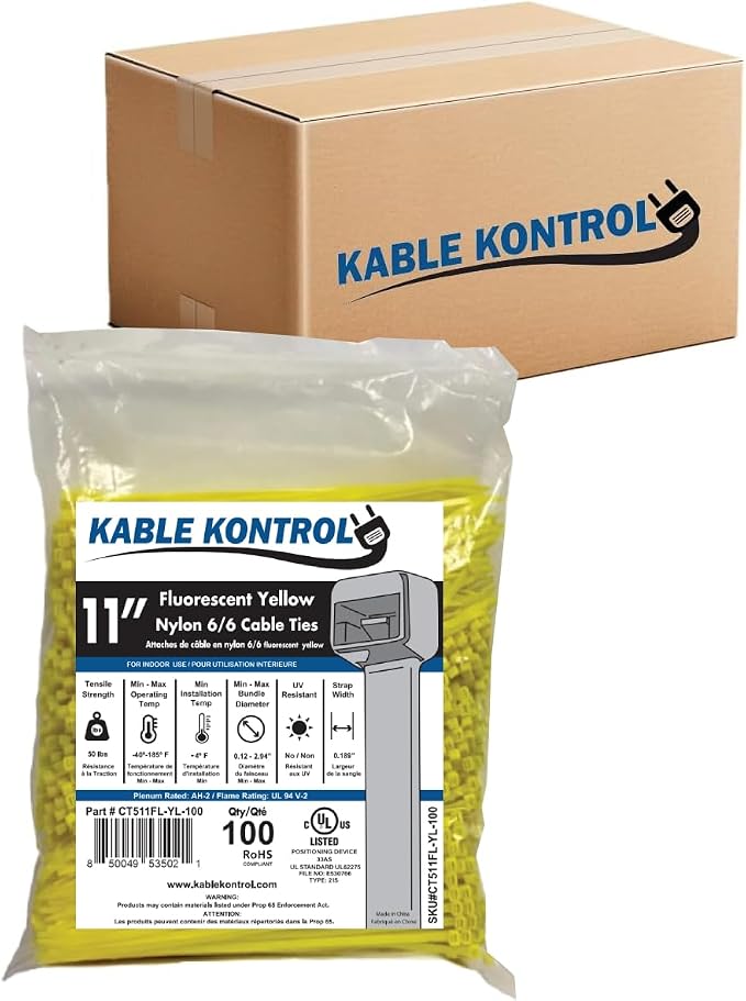 Kable Kontrol Cable Zip Ties, 11 Inch, 8500 Pcs, 50lbs Test, FL Yellow | Nylon Plastic, Self Locking, UL Listed, Indoor Use