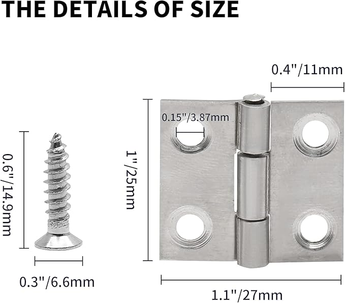 1 Inch Mini Door Hinges Nickel, 10 Pcs Stainless Steel Folding Butt Hinges with Screws