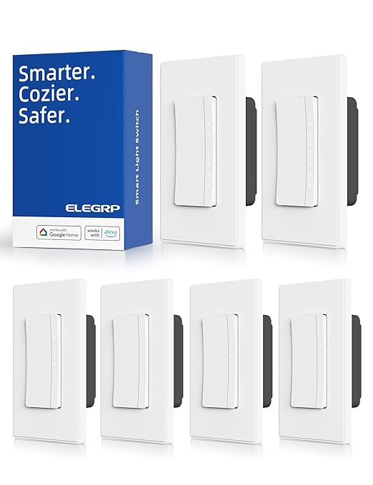ELEGRP Single Pole Smart Dimmer Light Switch DPR10, 2.4GHz Wi-Fi Dimmer Switch Compatible with Alexa and Google Assistant, Needs Neutral Wire, No Hub Required, UL Listed, Matte White, 6 Pack