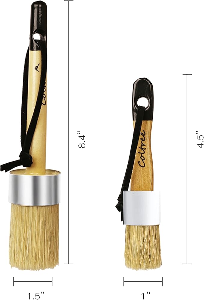 Chalk Paint Brushes for Furniture, 2 Pcs Boar Hair Bristles Round/Flat Wax Paint Brushes, Suitable for Chalk Paint and Wax