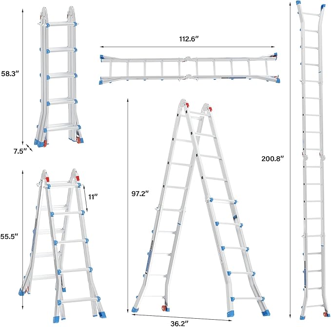 LUISLADDERS A Frame Step Ladder Telescoping Ladder, 19 ft Multi Position Folding Ladder with Flared Leg & Wheels Design, 330 lbs Capacity Extension Ladder for Household Outdoor Work, Aluminum, 19 FT