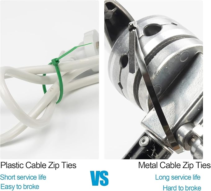 XINGO 14 inch Metal Zip Ties (100 Pack), 304 Stainless Steel Heavy Duty Zip Ties, 300lbs Tensile Strength, Multi-Purpose Self-locking Cable Ties for Exhaust Wrap, Outdoor and Canopy Etc