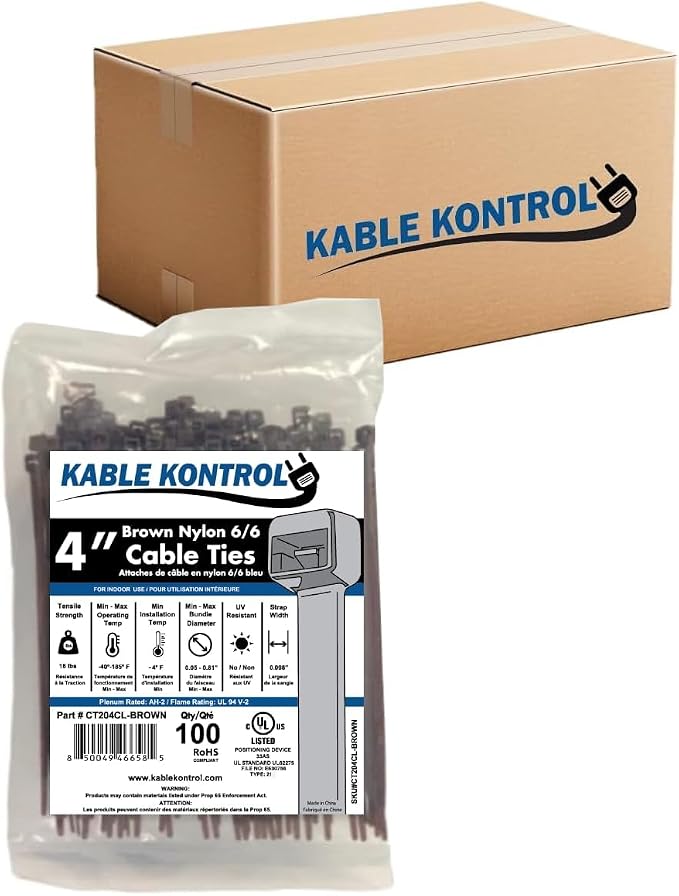 Kable Kontrol Cable Zip Ties, 4 Inch, 40000 Pcs, 18lbs Test, Brown | Nylon Plastic, Self Locking, UL Listed, Indoor Use
