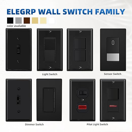 ELEGRP 3 Way Glossy Toggle Light Switch with Matte Mid Screwless Matte Plate, 15A 120V, Quiet Switch, In Wall On/Off, Self-Grounding, Residential Grade, UL (5 Pack, Black)