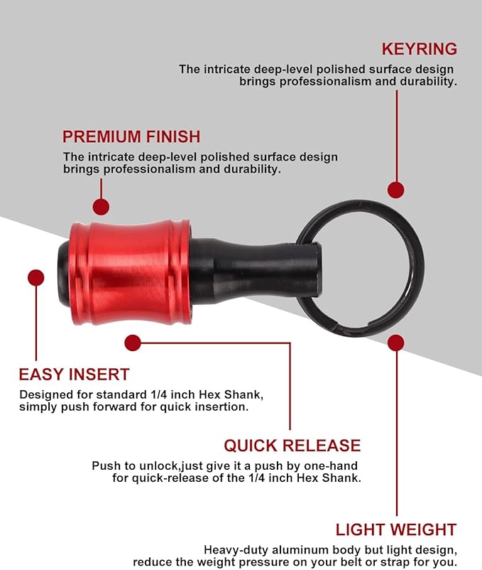 katerk 6pcs Red&Black Bit Holder with Carabiner Socket for Mens Gift, 1/4 inch Hex Shank Aluminum Alloy Screwdriver Bit Holders, Quick Release Easy Change Impact Driver Drill Bit Keychain Extension