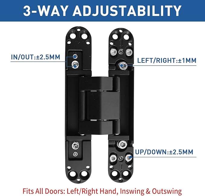 TamBee 6inch Hidden Door Hinges Invisible Hinges Concealed Hinges Zinc Alloy 180 Degree Swing Hinge 3 Way Adjustable Butt Hinge 6 x 2.5 x 1 inch Black (2 Pack)