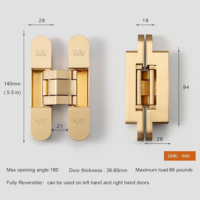 YAGU 5.5 inch Hidden Door Hinge 3 Way Adjustable Invisible Hinges for Doors Zinc Alloy Secret Door Hinges Concealed Door Butt Hinge 180 Degree Swing Matte Gold Door Hinge 1PC