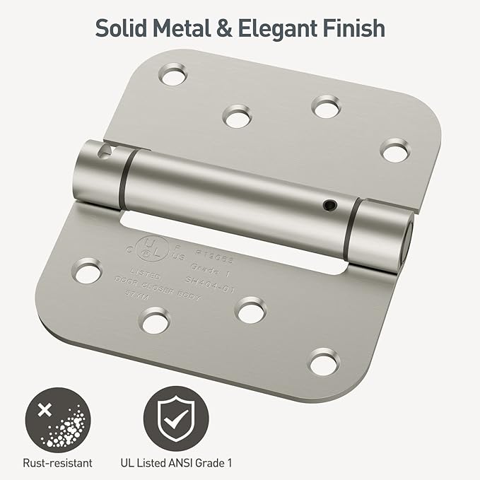 HOSOM Self Closing Door Hinges Brushed Nickel Spring Loaded Hinges 4 Inch Adjustable Tension for Garage, Front Door, Back Door, UL Listed, for Left and Right Hand Door, 5/8'' Radius Corners, 3 Pack