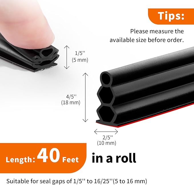 40 Feet Self-Adhesive Rubber Weather Stripping Fits Big Gaps, Extra Thick Rubber Door Weather Stripping Door Seal Strip for Door Frame Door Insulation Strip Waterproof(Black)