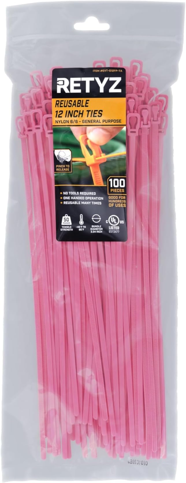 RETYZ 12-Inch Fluorescent Pink Reusable Releasable Cable Ties – 100 Pack, 50 lb Strength, Patented Quick-Release, Tool-Free Design for Home, Office, and Light Industrial Use