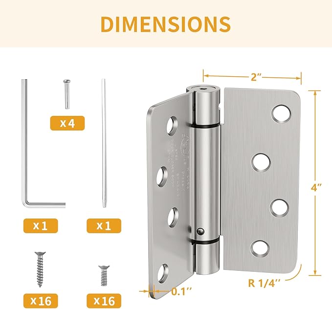 Luxbaro 2 Pack Self Closing Door Hinges, 4 Inch Spring Loaded Hinges for Doors, Adjustable Tension for Garage, Front Door, Back Door, for Left and Right Hand Door, 1/4'' Radius Corners, UL Listed
