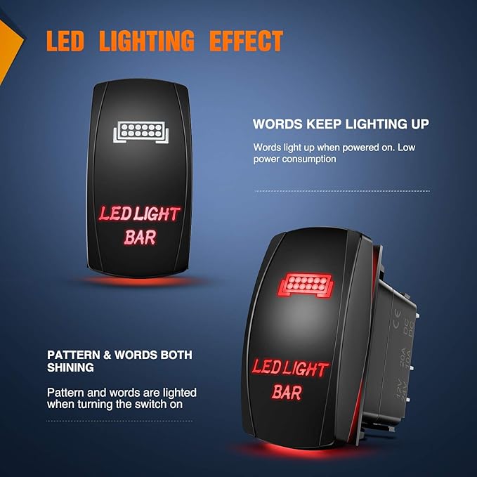 Nilight 90001R LED Light Bar Rocker Switch Red 5Pin Laser On/Off LED Light 20A/12V 10A/24V Switch Jumper Wires Set