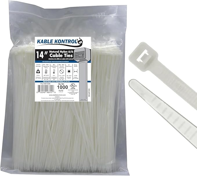Kable Kontrol Cable Zip Ties Natural White 1000 Pcs 14 Inch, 50 Lbs Tensile Strength, Self-locking Natural Nylon Clear Plastic Wire Ties wraps for Indoor or Outdoor Use