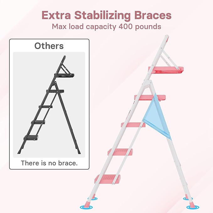 BONTEC 4-Step Ladder, 400lbs Max Load, Folding Step Stool with Tool Tray, Anti-Slip Pedals, Sturdy Steel, Lightweight Portable Ladder with Handrail for Home & Work Use, Pink
