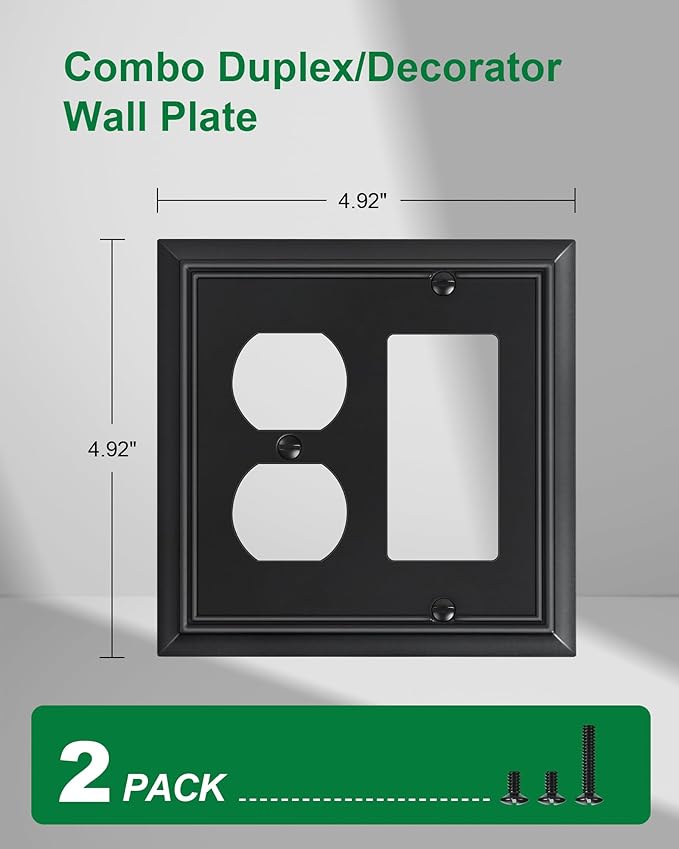 2-Pack Combo Duplex/Decorator Outlet Cover Plate, Black Decorative Switch Plates Covers, Durable Natural Bamboo Fiber Wall Plates for Electrical Outlets, Receptacle, GFCI Outlet, Dimmer Switch