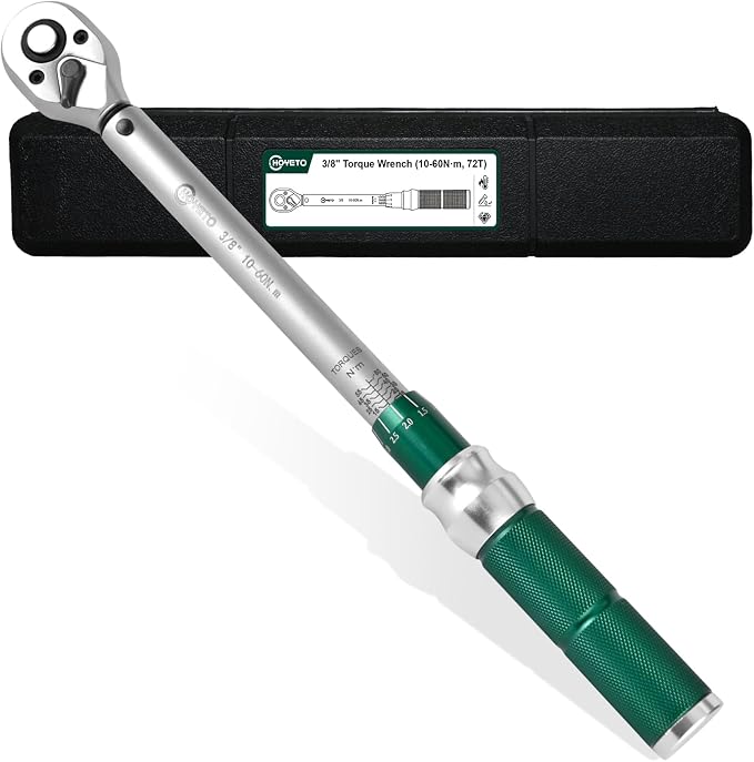 3/8" Drive 1Pc Click Torque Wrench Set, 7.38-44.25 ft.lb / 10-60 Nm | ±3% High Precision 72-Tooth Reversible Cr-V Tool for Auto, Motorcycle & Bicycle Repair with Storage Case