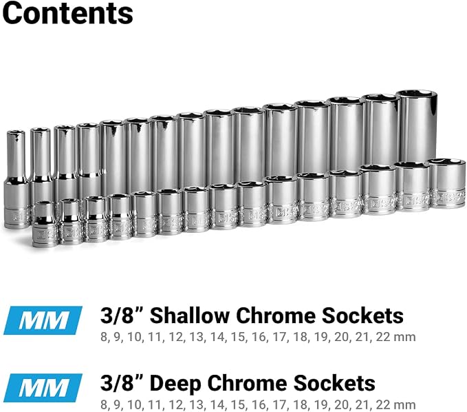 Capri Tools 3/8 in. Drive Shallow and Deep Chrome Socket Set, 6-Point, 8 to 22 mm, 30-Piece