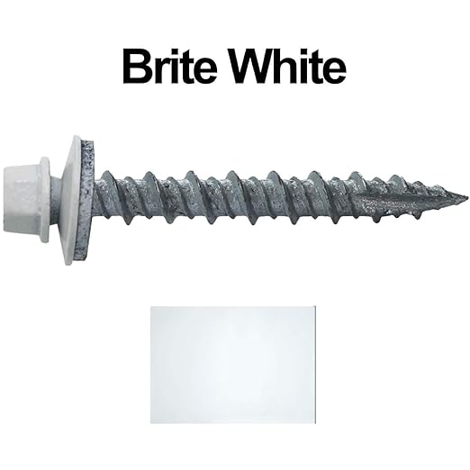 10 x 1-1/2" Brite White Metal Roofing Screws - Hex Washer Head- Self-Starting/Tapping - EPDM Washer. 1 x 250 Count Bag - 250 Screws