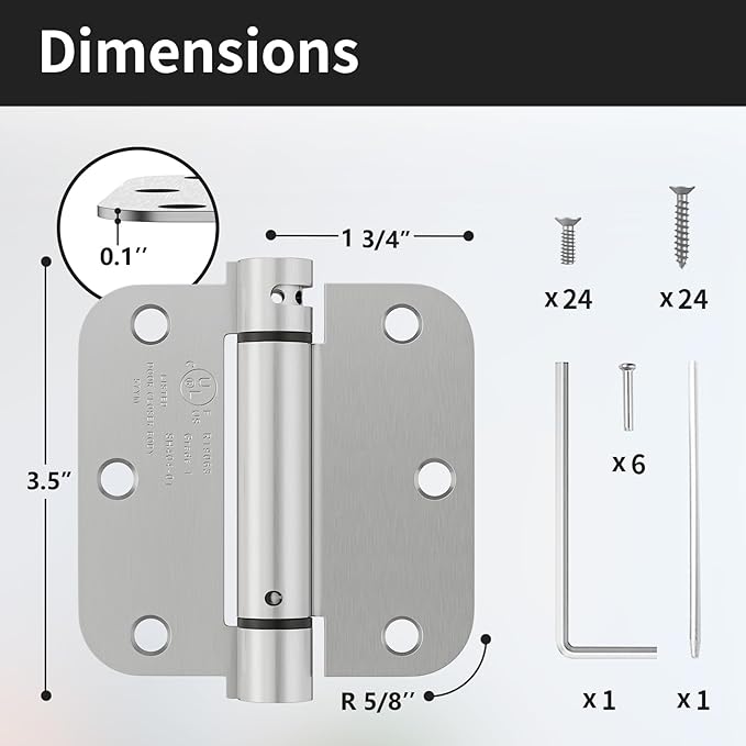 3 Pack Self Closing Door Hinges, 3.5 Inch Auto Closing Door Hinge with 5/8'' Radius Corners, Adjustable Tension for Garage, Front, Back Door, UL Listed, Left and Right Hand, Brushed Nickel