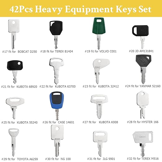 42 Heavy Equipment Keys Master Set, Construction Machine Ignition Key for Cat Caterpillar John Deere Komatsu Volvo Bobcat Kubota JCB Case Hyster Yanmar Daewoo Takeuchi Ford New Holland