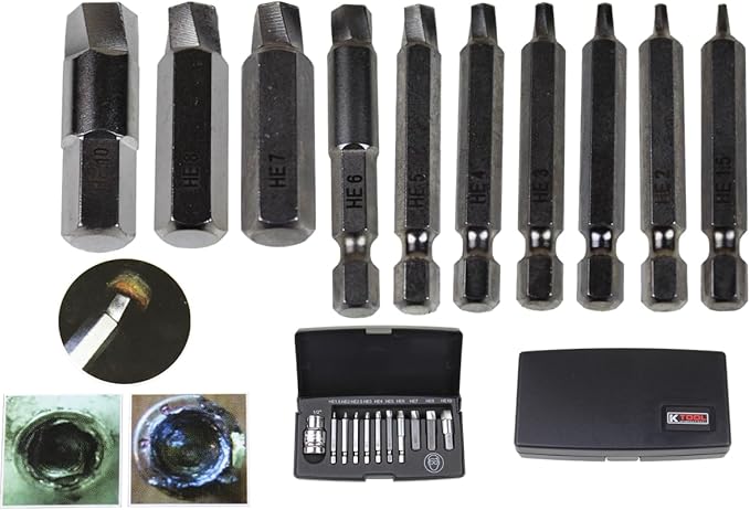K Tool International 75422 Hex Screw Extractor Set for Garages, Repair Shops and DIY, Silicon Alloy Steel, Heat-treated, Chrome-plated, (3) 1/4", (3) 10mm, (1) 1/2" Drives, Damaged Screws, Molded Case