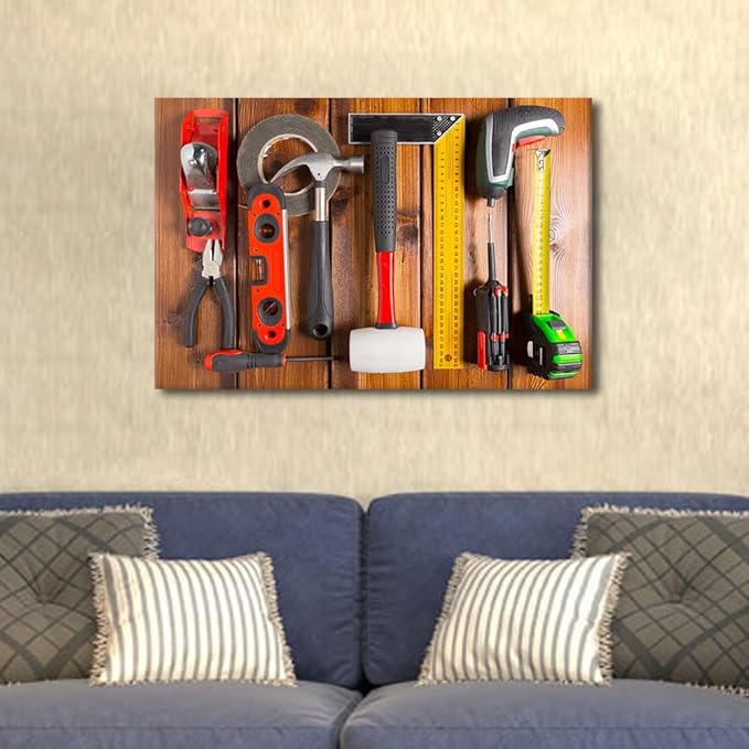 1 Panels Wall Art for Office Wall Art Blue Background House Renovation Tools and Accessories Top View Picture Canvas Print Artwork Home Study Repair Shop Wall Decoration Modern Poster ((16"Wx24"H)