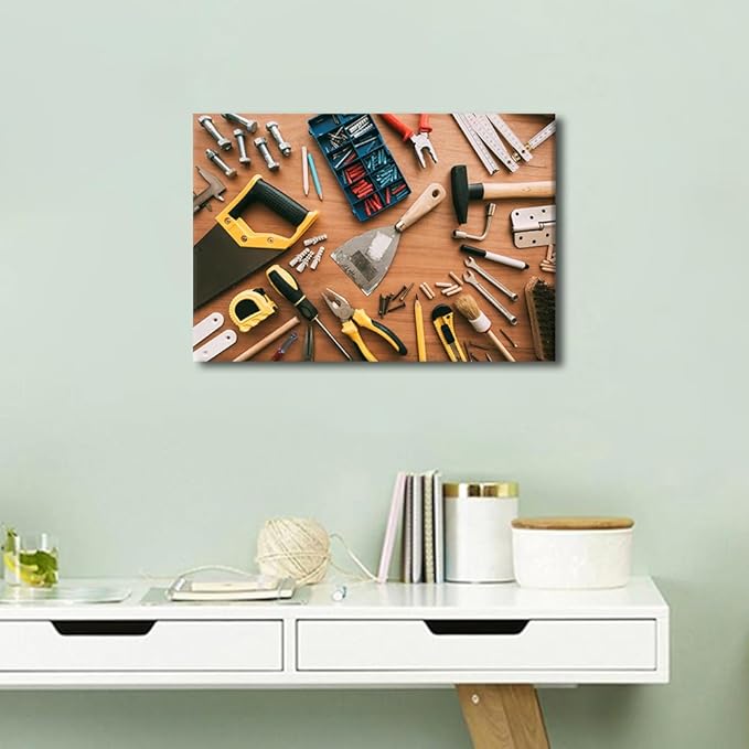 Construction Instruments Background Picture 1 Panels Canvas Wall Art Living Room Assorted Woodwork Carpentry or Construction Tools Poster Framed Artwork for Farmhouse Bedroom Wall Decor (12" Wx18 H)